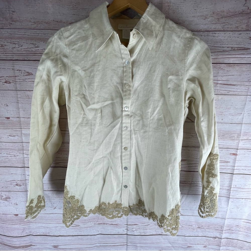 Soft Surroundings Linen Blouse Sz XS Embroidered Sleeve/Hem Button Up Boho